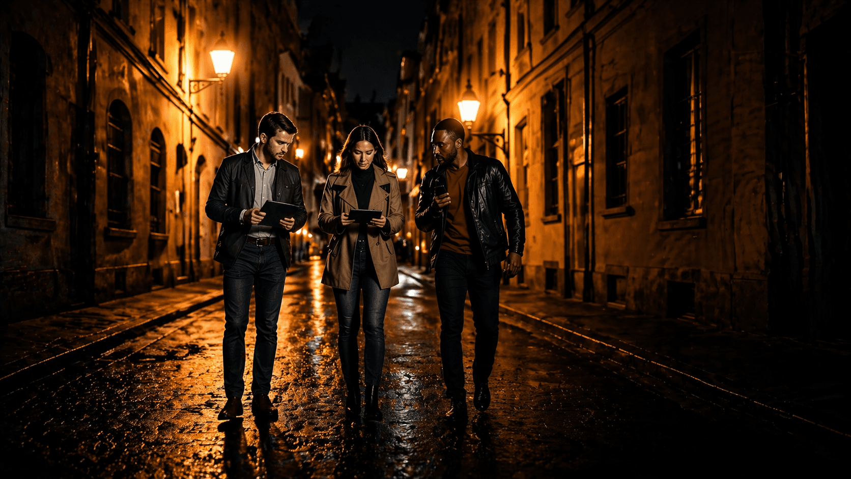 Drei Personen ermitteln nachts in einer beleuchteten Altstadtgasse
